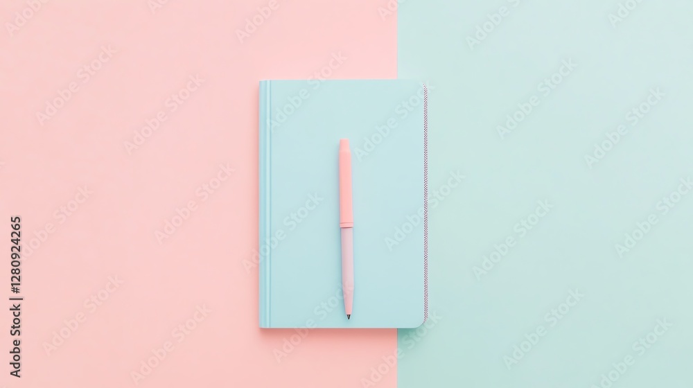 A pastel-colored notebook with a matching pen placed on a split background of pink and mint green.