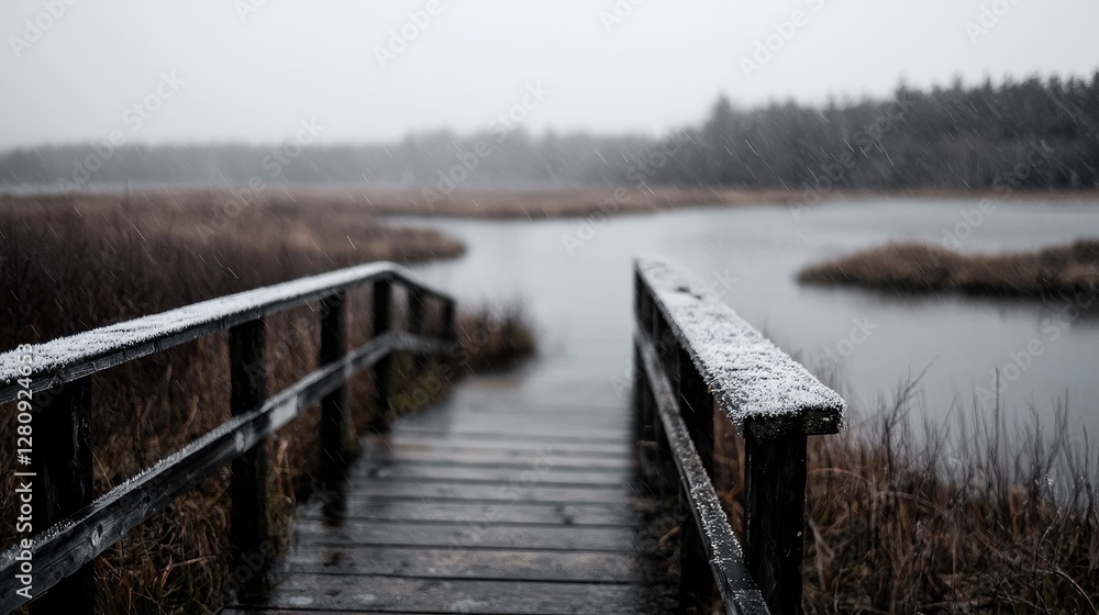 Naklejka premium Snowy Wooden Bridge Over Marsh During Storm
