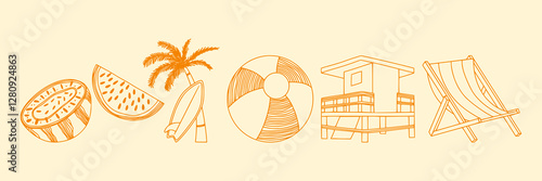 Summer beach doodle collection featuring hand-drawn watermelon, palm tree, beach ball, lifeguard station, and lounge chair icons for a playful holiday design.
