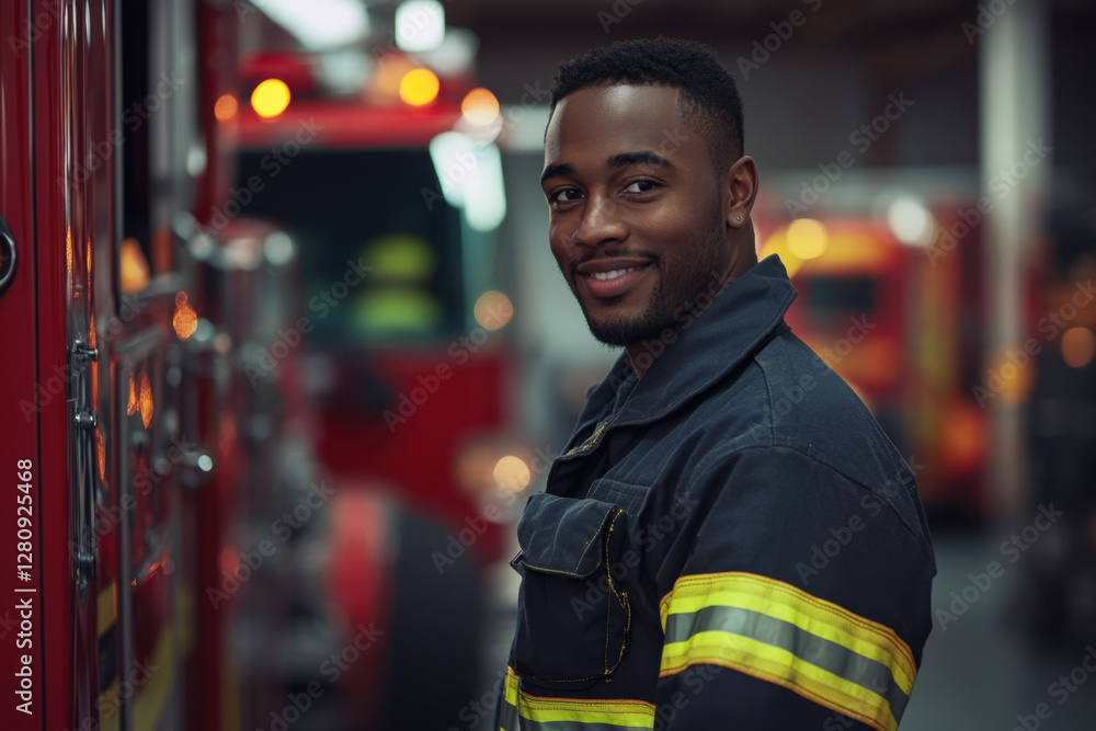 Confident man with a charming smile stands in a fire station, showcasing his firefighter uniform and embodying dedication to safety Confident man with a charming smile stands in a fire station, showcasing his firefighter uniform and embodying dedication to safety