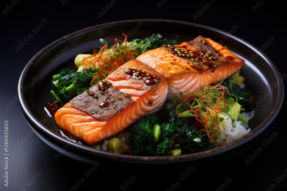 A beautifully plated salmon dish served with vegetables on a black background, highlighting the freshness and vibrant colors. A beautifully plated salmon dish served with vegetables on a black background, highlighting the freshness and vibrant colors.