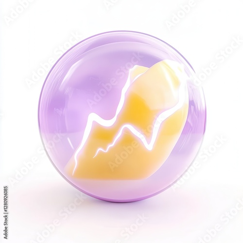 A glossy, spherical object with a mix of purple and yellow colors, featuring a lightning-like design that adds a striking visual effect.