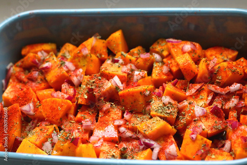 Sheet pan with pieces of butternut squash, onion, herbs and spices. Preparing pumpkin for a roast. Selective focus.