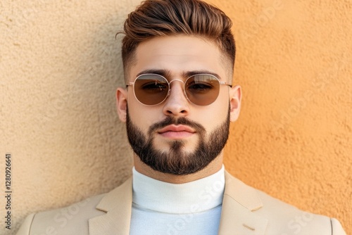 Handsome confident stylish hipster lambersexual modelSexy modern man dressed in elegant beige suit Fashion male posing in the street in city at sunset In sunglasses Near wall photo