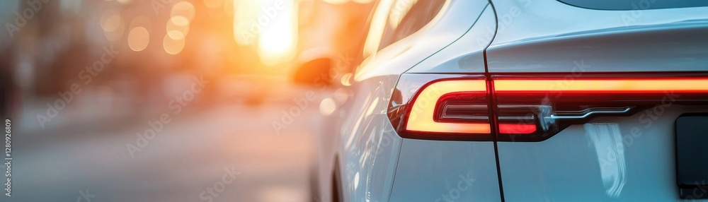 Sleek Modern Car Tail Light Illuminated by Sunset on Urban Street in Soft Focus Background Sleek Modern Car Tail Light Illuminated by Sunset on Urban Street in Soft Focus Background