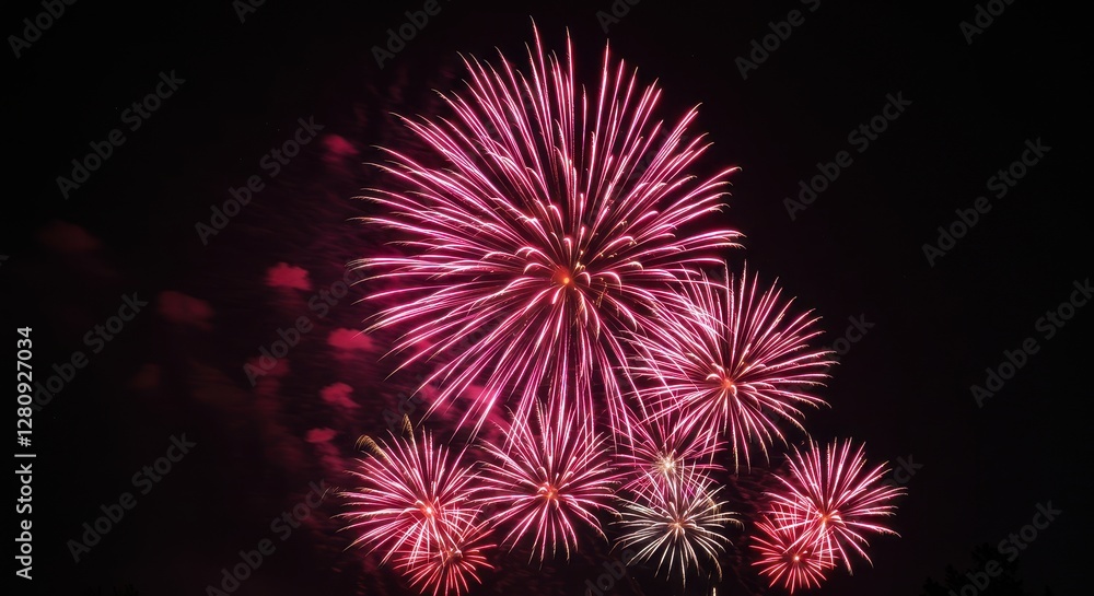 A vivid display of fireworks in the night sky featuring vibrant pink, red and white explosions A vivid display of fireworks in the night sky featuring vibrant pink, red and white explosions