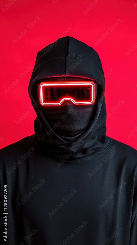 Mysterious Figure in Black Hoodie and Red Neon Goggles on Red Background Mysterious Figure in Black Hoodie and Red Neon Goggles on Red Background