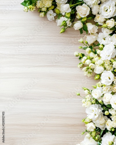 Elegant White Roses and Lisianthus Flowers Border on Light Wood Background