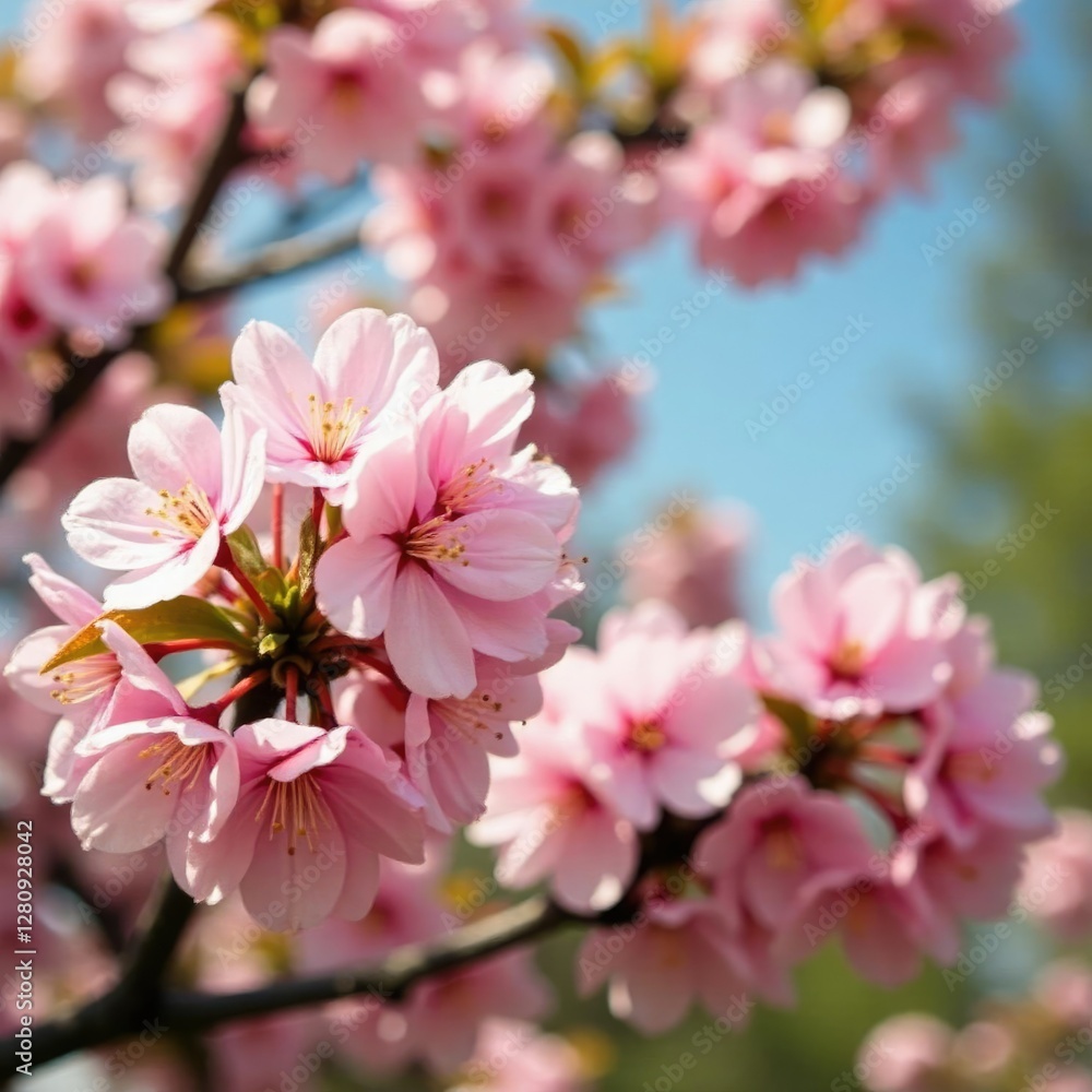 Light green foliage with clusters of pink cherry blossoms, pink blossoms, blossom, tree Light green foliage with clusters of pink cherry blossoms, pink blossoms, blossom, tree