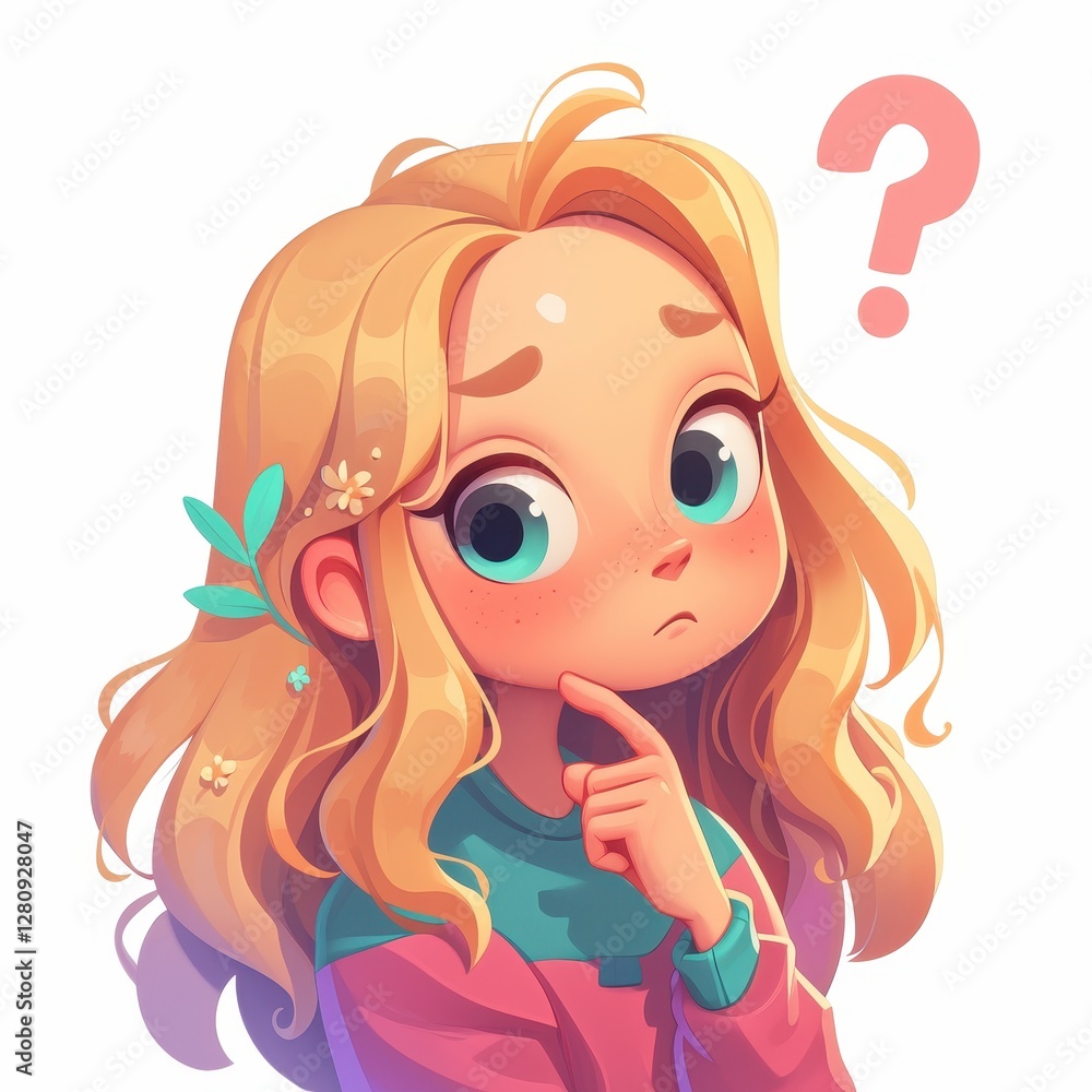 Cute Blonde Girl Pondering Thinking Question Mark Illustration Child Cute Blonde Girl Pondering Thinking Question Mark Illustration Child