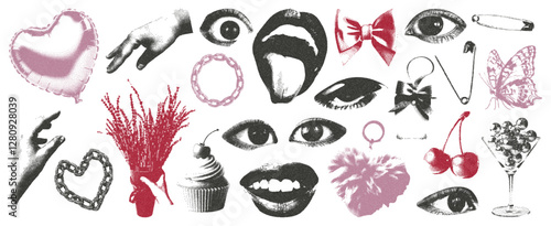 Elements of eyes, hands, heart-shaped balloon, flower, cupcake, cherry for collage in grunge and glamour style with vintage photocopy texture. Vector illustration.