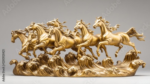 A golden statue of a running horse white isolate background