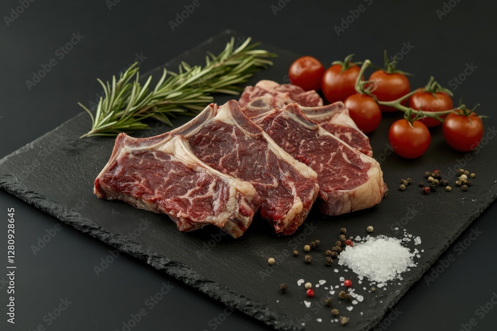 Beef cut steaks on a slate plate, against a black background, with rosemary, salt, and pepper around the meat, and cherry tomatoes in the background. Beef cut steaks on a slate plate, against a black background, with rosemary, salt, and pepper around the meat, and cherry tomatoes in the background.