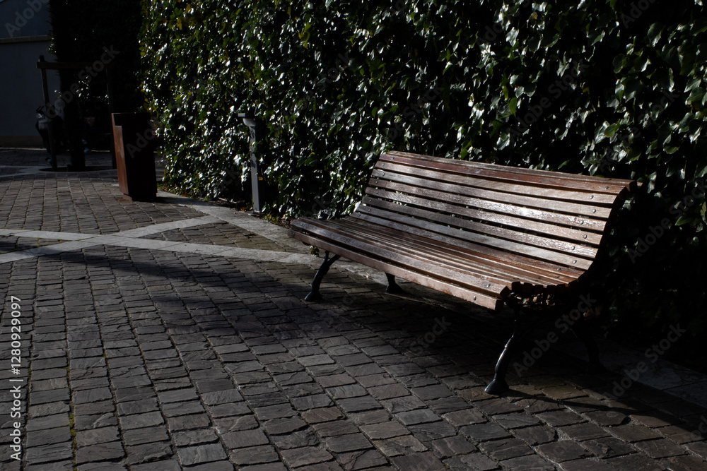 A wooden bench with iron legs in a peaceful urban park, surrounded by lush green ivy, with sunlight casting soft shadows on the cobblestone pavement.
A wooden bench with iron legs in a peaceful urban park, surrounded by lush green ivy, with sunlight casting soft shadows on the cobblestone pavement.