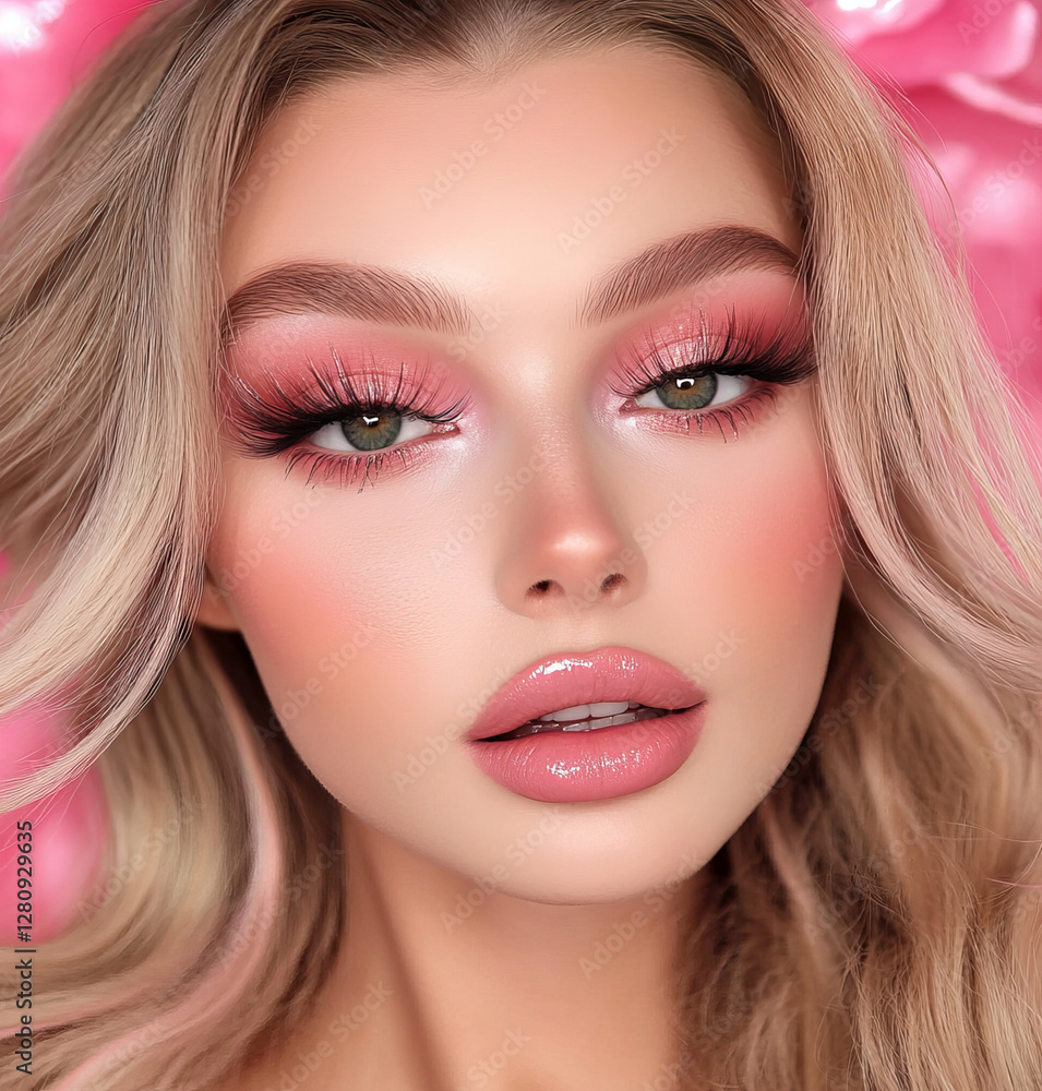 caucasian woman with long blonde hair and vibrant pink makeup poses against pink background, showcasing bold eyeshadow and glossy lips caucasian woman with long blonde hair and vibrant pink makeup poses against pink background, showcasing bold eyeshadow and glossy lips