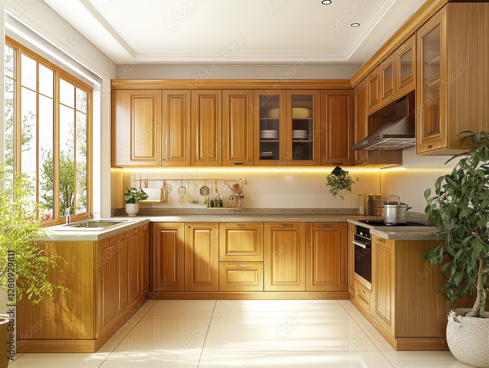 Fototapeta premium Interior of kitchen showing wood cabinets natural lighting and plants