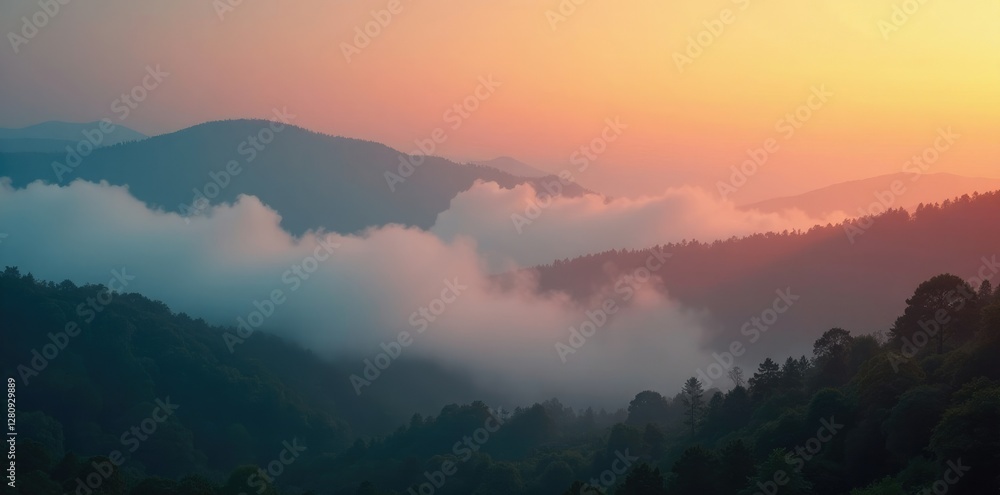 Mysterious fog rolls in, shrouding the landscape, fog, mist, orange Mysterious fog rolls in, shrouding the landscape, fog, mist, orange