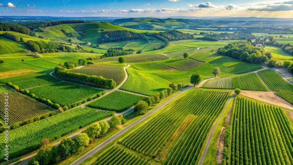 Fototapeta premium Rolling hills of emerald green vineyards stretch as far as the eye can see in a breathtaking aerial view of the Loire Valley, countryside, countryside views