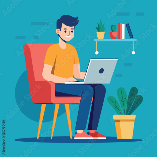 a boy is using his laptop vector