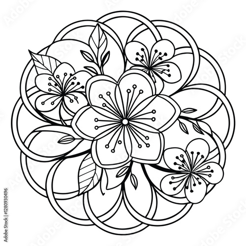 Cherry Blossom Mandala Coloring Page: Floral Flower Design, Intricate Pattern, Printable Art Therapy, Relaxation, Zentangle Style