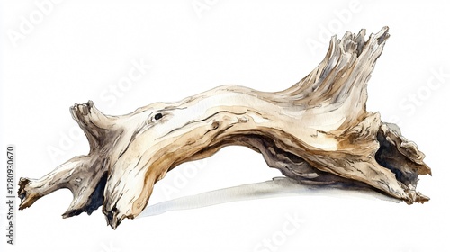 Watercolor Painting of Gnarled, Weathered Deadwood