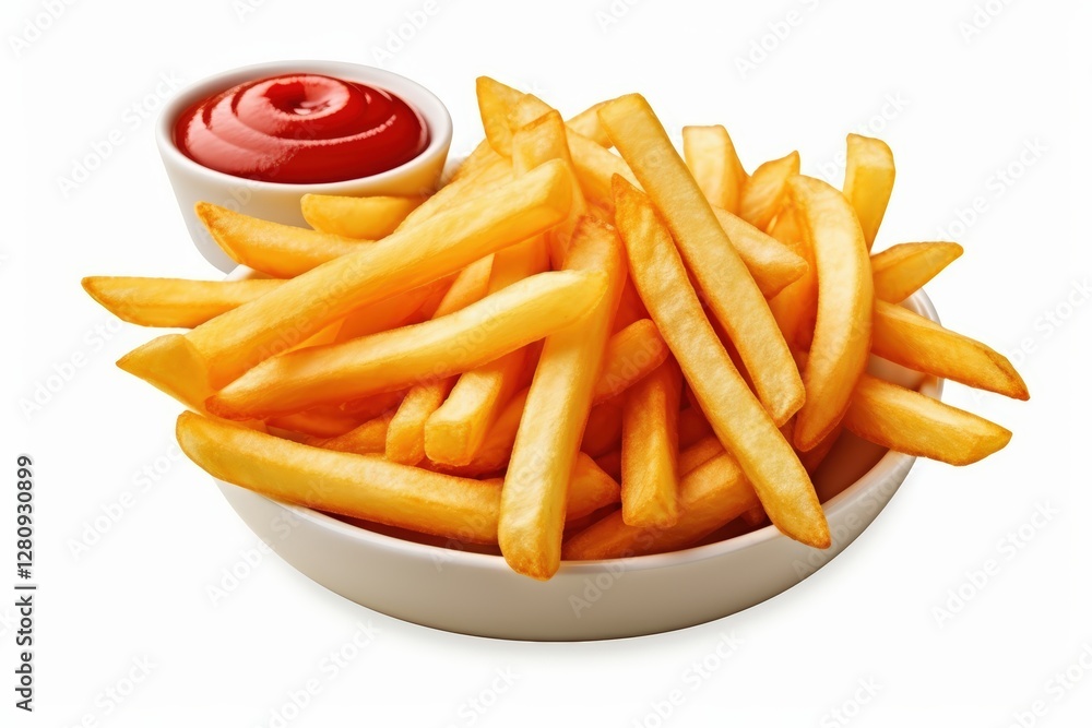 A plate of golden, crispy French fries served with a side of rich red ketchup, perfect for snacking or as a side dish. A plate of golden, crispy French fries served with a side of rich red ketchup, perfect for snacking or as a side dish.