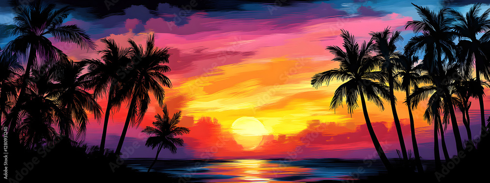 A colorful sunset with palm trees in the foreground, a digital painting depicting a vibrant tropical scene
A colorful sunset with palm trees in the foreground, a digital painting depicting a vibrant tropical scene