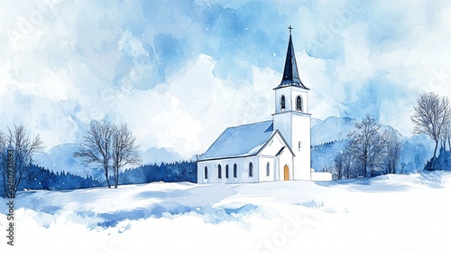 Watercolor Painting of a White Church in a Snowy Winter Scene