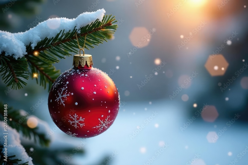 Fototapeta premium Red bauble on a branch with snowflakes around it, Winter wonderland, Sparkling lights