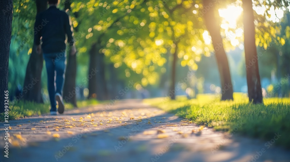 Fototapeta premium Person walking along a sunlit path surrounded by lush green trees in a serene park setting
