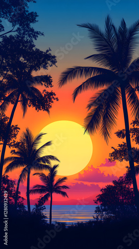 A colorful sunset with palm trees in the foreground, a digital painting depicting a vibrant tropical scene
