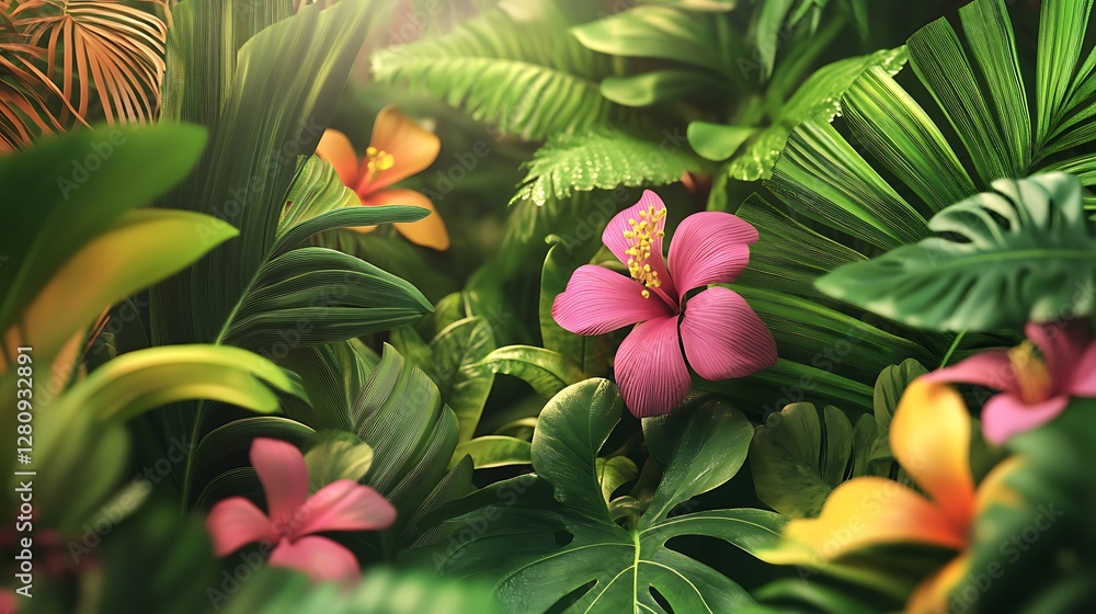 Vibrant Tropical Leaves Exotic Blooms Shaded Rainforest Natural Beauty