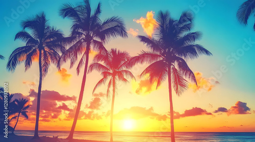 A colorful sunset with palm trees in the foreground, a digital painting depicting a vibrant tropical scene
