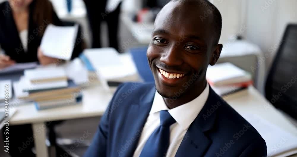 Smiling African-American Businessman In Navy Suit At Desk In Office Environment Smiling African-American Businessman In Navy Suit At Desk In Office Environment