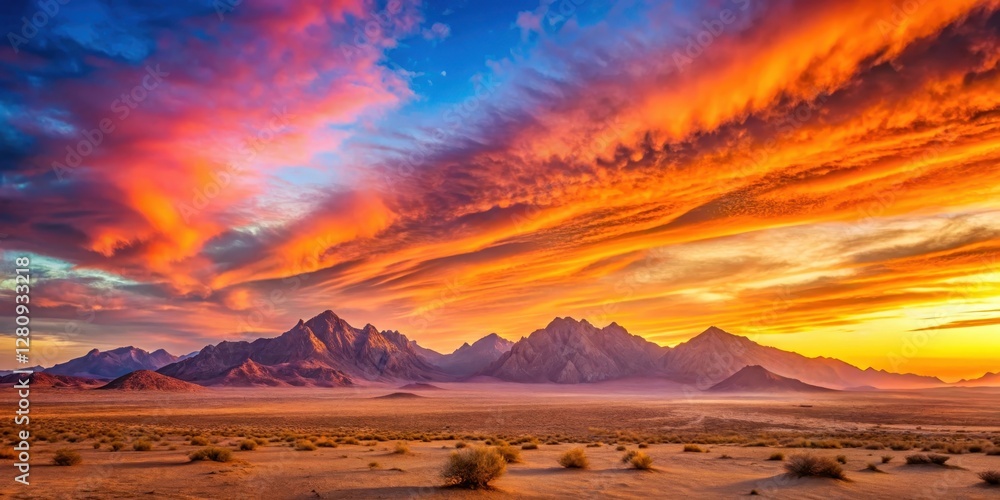 Naklejka premium Panoramic sunrise over a vast desert landscape with towering mountains and a vibrant sky ablaze with hues of orange and pink, sunrise, scenic view