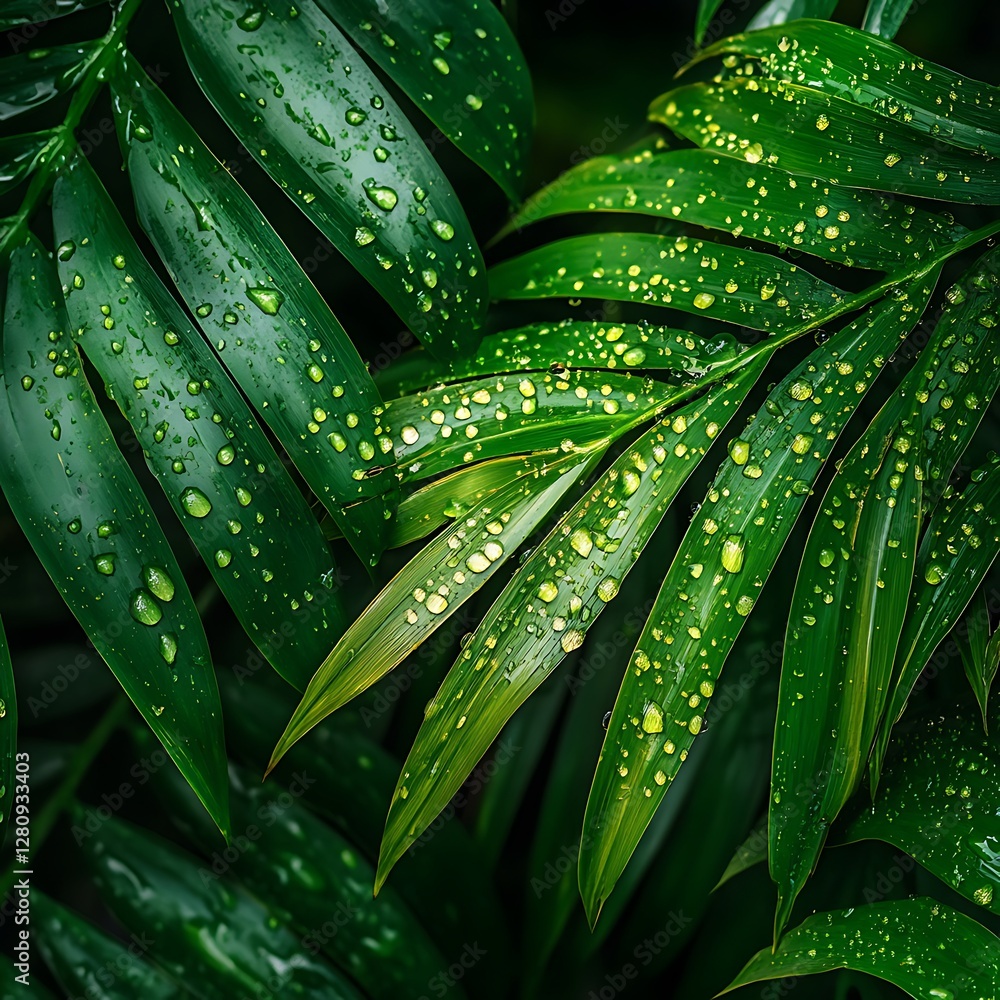 Water Droplets Green Leaves Vibrant Tropical Jungle Sunlight Foliage