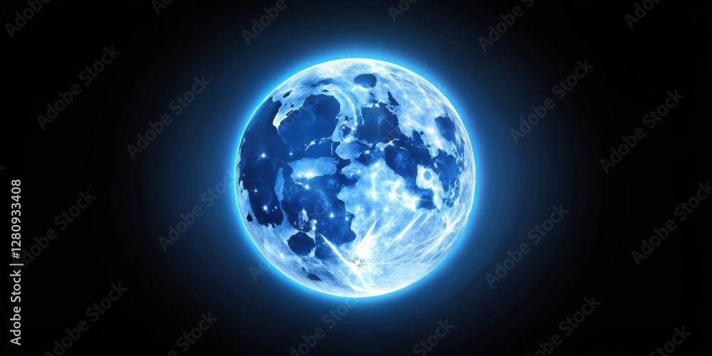 A majestic blue super moon glowing with a radiant blue halo A majestic blue super moon glowing with a radiant blue halo