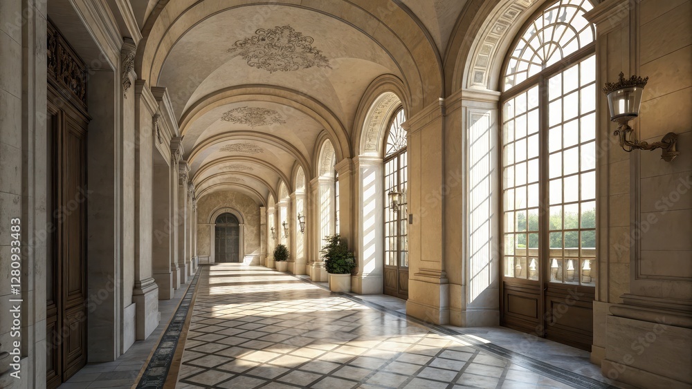 Obraz premium Impressive and Ornate Hallway of a Magnificent Historical European Palace or Museum Featuring Arched Windows Intricate Architectural Details and Elegant Marble Flooring