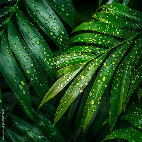 Obraz na płótnie Water Droplets Green Leaves Vibrant Tropical Jungle Sunlight Foliage w salonie