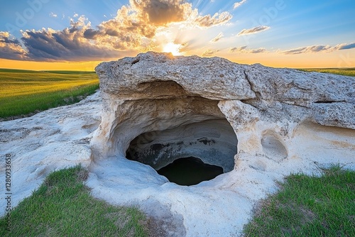 Eroded landscape of middens and creek beds at sunset photo