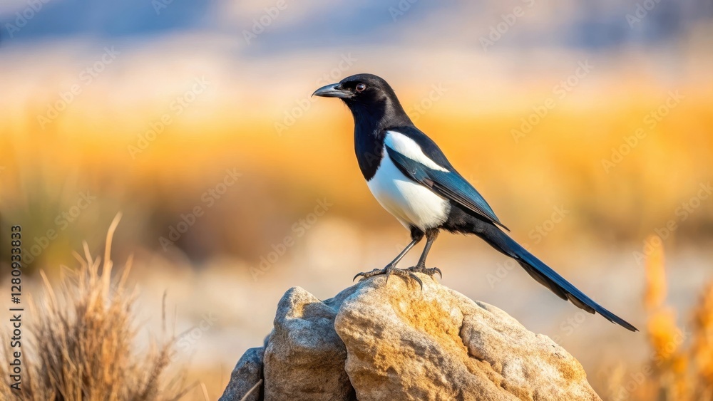 Fototapeta premium Black-billed magpie perched on a rock in a dry desert landscape on Antelope Island, raptor