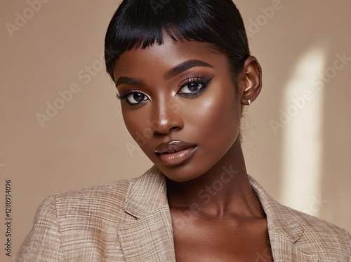 Professional black woman standing in studio, wearing light brown jacket, displaying confident demeanor with refined makeup and chic short hairstyle