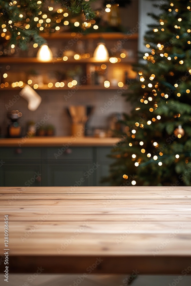 A festive cooking space with a holiday tree. A festive cooking space with a holiday tree.