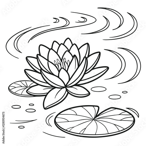 Lotus Flower Coloring Page: Detailed Line Art of Water Lily, Lily Pads, and Ripples for Relaxation and Creative Fun