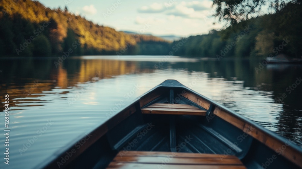 Serene view from a wooden boat gliding across a tranquil lake surrounded by lush greenery Serene view from a wooden boat gliding across a tranquil lake surrounded by lush greenery