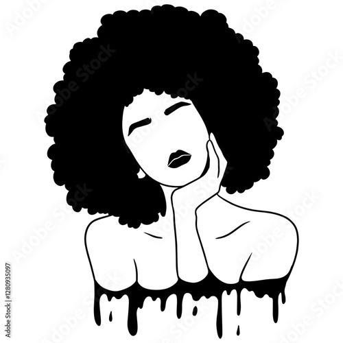 Minimalistic black and white vector illustration of a woman with voluminous afro hair and a melting effect. Perfect for modern art, fashion designs, and beauty concepts.