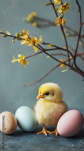 Yellow chick stands among pastel Easter eggs against a spring-themed background with blooming branches. This image is perfect for Easter greeting cards, advertisements, celebrations, social media