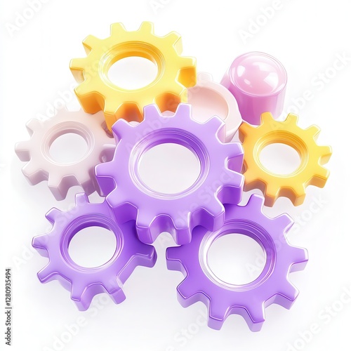 A colorful arrangement of various gears in purple, yellow, and pink, showcasing a playful design.
