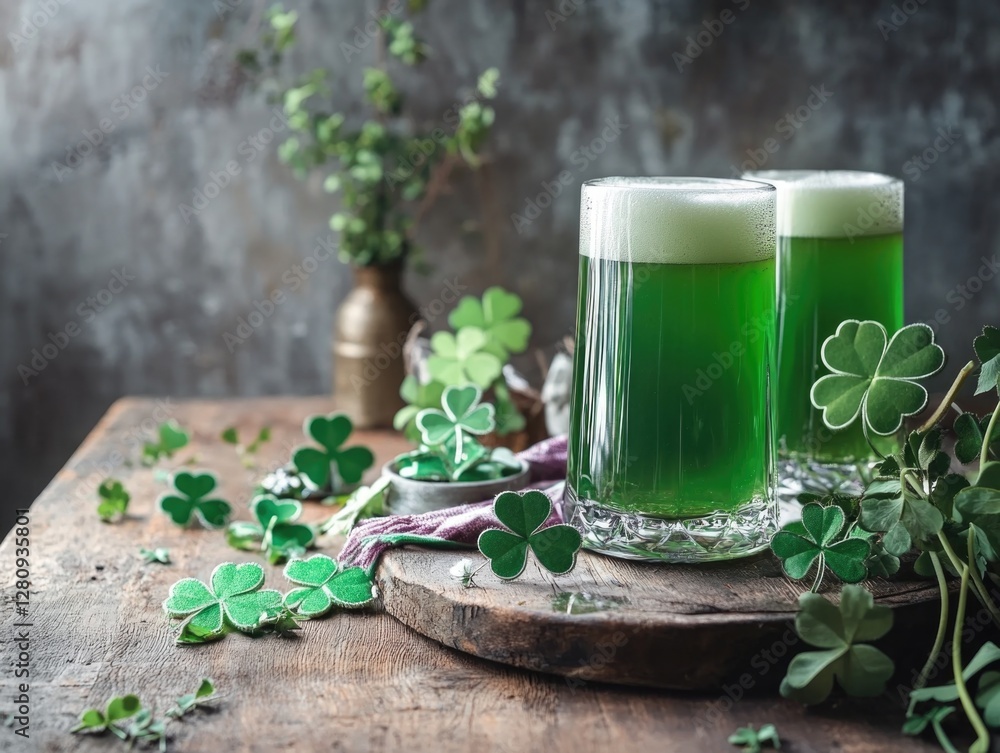 St Patrick's Day celebration with two glasses of green beer, shamrocks, and Irish festivity decorations. St Patrick's Day celebration with two glasses of green beer, shamrocks, and Irish festivity decorations.