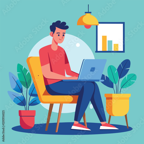 a boy is using his laptop vector